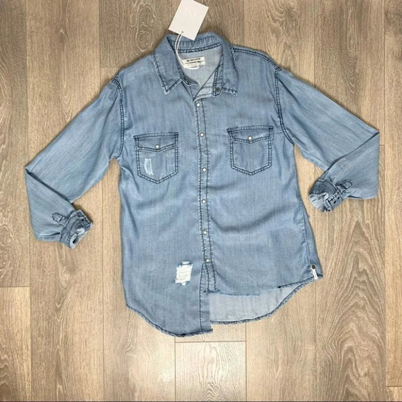 One Teaspoon Button Down Shirt Denim Jean Chambray Dallas Tencel Size XXS - Picture 6 of 16